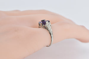 18K Art Deco Amethyst Diamond Vine Etched Ring White Gold