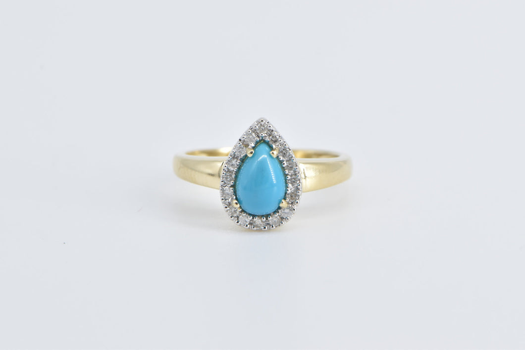 14K Pear Turquoise Diamond Halo Statement Ring Yellow Gold