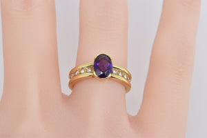 18K Oval Amethyst Diamond Vintage Statement Ring Yellow Gold