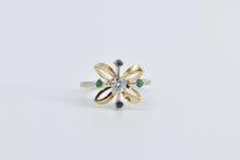 Load image into Gallery viewer, 14K Diamond Emerald Ruby Sapphire Flower Ring Yellow Gold