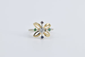 14K Diamond Emerald Ruby Sapphire Flower Ring Yellow Gold