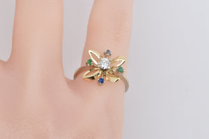 14K Diamond Emerald Ruby Sapphire Flower Ring Yellow Gold