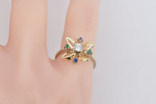 Load image into Gallery viewer, 14K Diamond Emerald Ruby Sapphire Flower Ring Yellow Gold