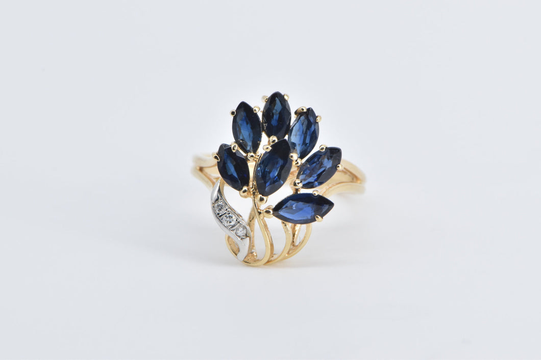 14K Marquise Sapphire Diamond Vintage Cluster Ring Yellow Gold