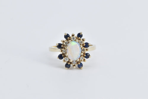 10K Natural Opal Diamond Sapphire Halo Cocktail Ring Yellow Gold