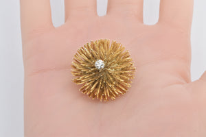 14K 0.30 Ct Diamond Solitaire Sea Urchin Pom Ball Pin/Brooch Yellow Gold