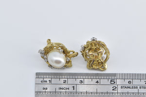 14K Larry Pearl Diamond Tree Motif French Clip Earrings Yellow Gold