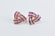 Load image into Gallery viewer, 14K Princess Syn. Ruby Diamond Triangle Twist Earrings Yellow Gold