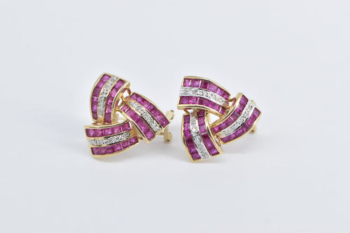 14K Princess Syn. Ruby Diamond Triangle Twist Earrings Yellow Gold
