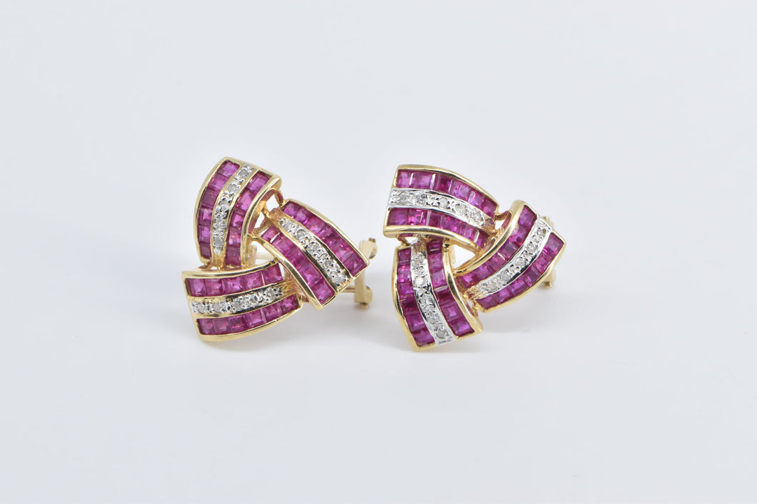 14K Princess Syn. Ruby Diamond Triangle Twist Earrings Yellow Gold