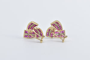 14K Princess Syn. Ruby Diamond Triangle Twist Earrings Yellow Gold