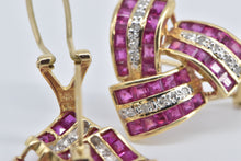 Load image into Gallery viewer, 14K Princess Syn. Ruby Diamond Triangle Twist Earrings Yellow Gold