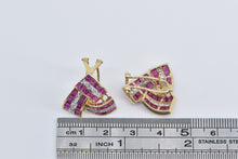 Load image into Gallery viewer, 14K Princess Syn. Ruby Diamond Triangle Twist Earrings Yellow Gold