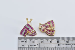 14K Princess Syn. Ruby Diamond Triangle Twist Earrings Yellow Gold