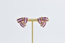 Load image into Gallery viewer, 14K Princess Syn. Ruby Diamond Triangle Twist Earrings Yellow Gold