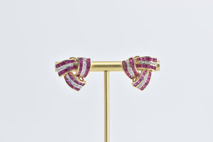 14K Princess Syn. Ruby Diamond Triangle Twist Earrings Yellow Gold