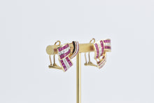 Load image into Gallery viewer, 14K Princess Syn. Ruby Diamond Triangle Twist Earrings Yellow Gold