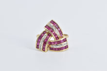 Load image into Gallery viewer, 14K Princess Syn. Ruby Diamond Triangle Twist Ring Yellow Gold