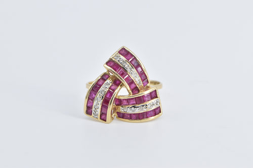 14K Princess Syn. Ruby Diamond Triangle Twist Ring Yellow Gold