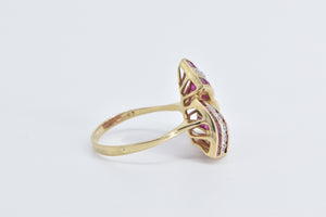 14K Princess Syn. Ruby Diamond Triangle Twist Ring Yellow Gold