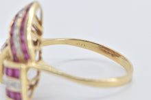 Load image into Gallery viewer, 14K Princess Syn. Ruby Diamond Triangle Twist Ring Yellow Gold