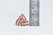 Load image into Gallery viewer, 14K Princess Syn. Ruby Diamond Triangle Twist Ring Yellow Gold