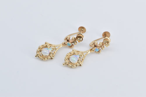 14K Ornate Natural Opal Tear Drop Dangle Screw Back Earrings Yellow Gold