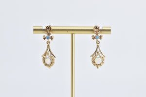 14K Ornate Natural Opal Tear Drop Dangle Screw Back Earrings Yellow Gold