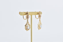 Load image into Gallery viewer, 14K Ornate Natural Opal Tear Drop Dangle Screw Back Earrings Yellow Gold