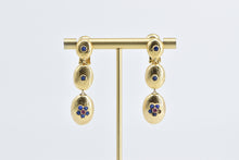 Load image into Gallery viewer, 14K Vintage Lapis Ruby Flower Oval Dangle Fashion Earrings Yellow Gold