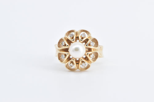 14K Vintage Pearl Diamond Halo Statement Cocktail Ring Yellow Gold