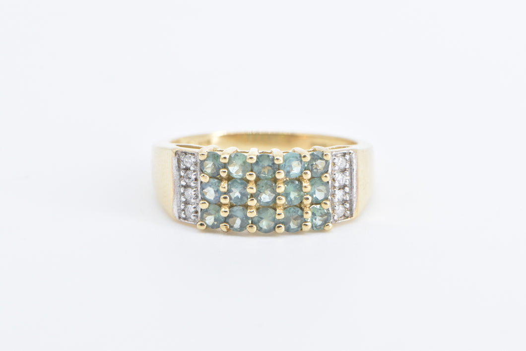 14K Green Sapphire Diamond Squared Band Ring Yellow Gold