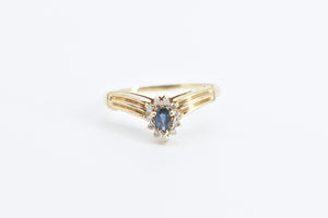 10K Pear Sapphire Diamond Halo Chevron Engagement Ring Yellow Gold