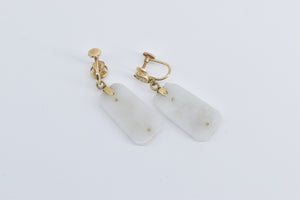 14K Vintage Carved Jadeite Vine Dangle Screw Back Earrings Yellow Gold