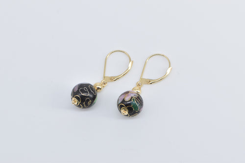 14K Cloisonne Enamel Floral Ball Vintage Dangle Earrings Yellow Gold