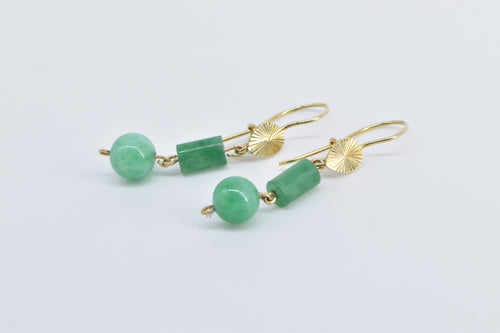 14K Vintage Jade Ball Pillar Dangle Fashion Earrings Yellow Gold