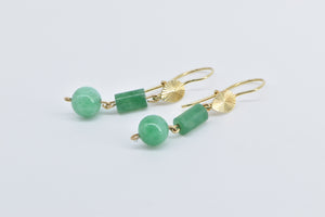 14K Vintage Jade Ball Pillar Dangle Fashion Earrings Yellow Gold