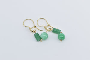 14K Vintage Jade Ball Pillar Dangle Fashion Earrings Yellow Gold