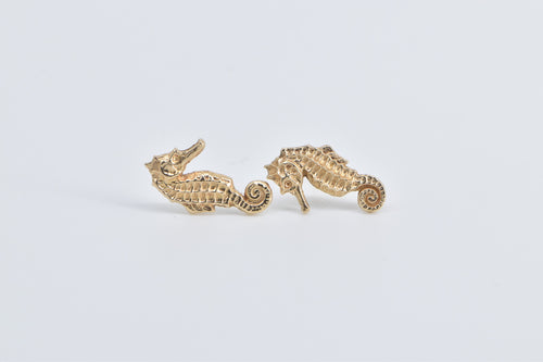 14K Detailed Sea Horse Ocean Animal Beach Stud Earrings Yellow Gold