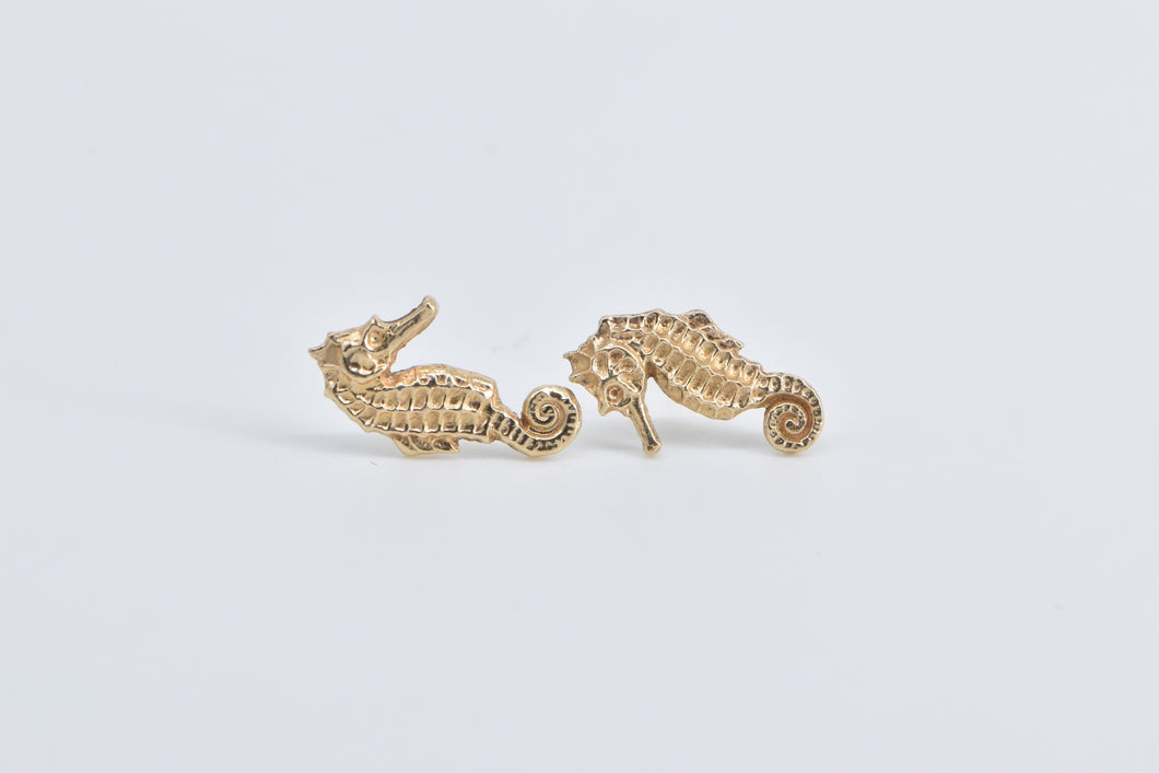 14K Detailed Sea Horse Ocean Animal Beach Stud Earrings Yellow Gold