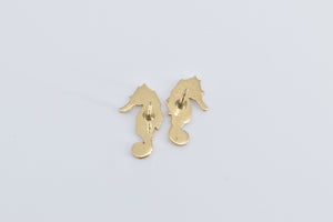 14K Detailed Sea Horse Ocean Animal Beach Stud Earrings Yellow Gold