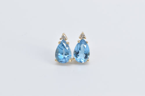 14K Pear Blue Topaz Diamond Accent Stud Earrings Yellow Gold