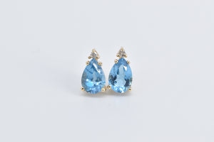 14K Pear Blue Topaz Diamond Accent Stud Earrings Yellow Gold