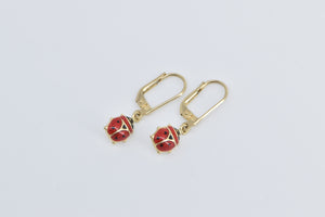 14K Enamel Lady Bug Puffy Dangle Fashion Drop Earrings Yellow Gold