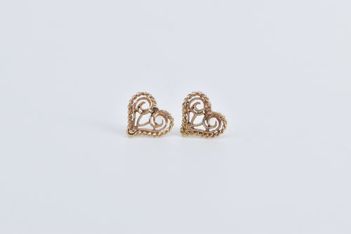 14K Heart Love Symbol Filigree Love Stud Earrings Yellow Gold