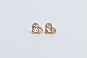 14K Heart Love Symbol Filigree Love Stud Earrings Yellow Gold