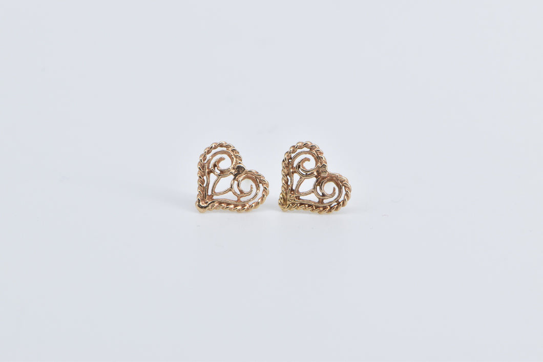 14K Heart Love Symbol Filigree Love Stud Earrings Yellow Gold