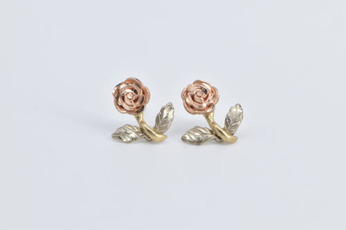 14K Black Hills Rose Flower Tri Tone Stud Earrings Yellow Gold