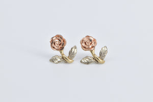 14K Black Hills Rose Flower Tri Tone Stud Earrings Yellow Gold