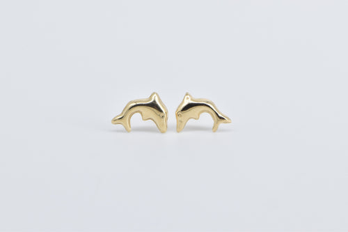 14K High Relief Jumping Dolphin Ocean Beach Stud Earrings Yellow Gold